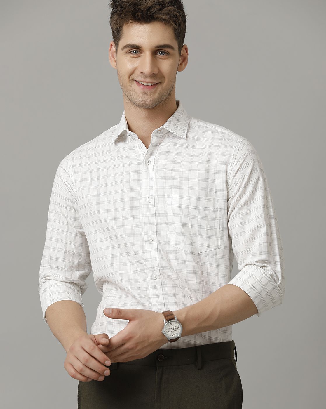 Men's Pure Linen Grey Checked Contemporary Fit Full Sleeve Sleeve Casual Shirt