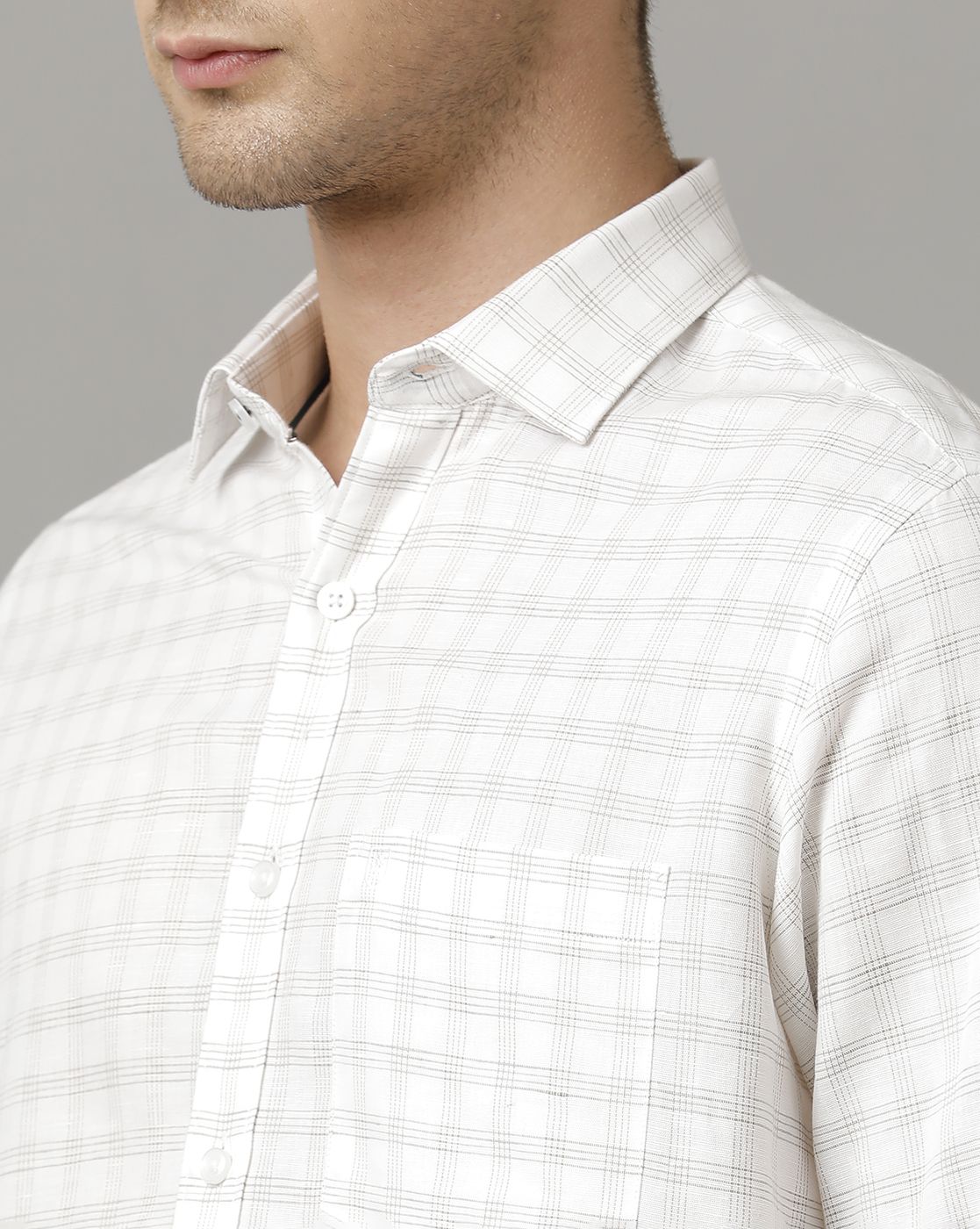 Men's Pure Linen Grey Checked Contemporary Fit Full Sleeve Sleeve Casual Shirt