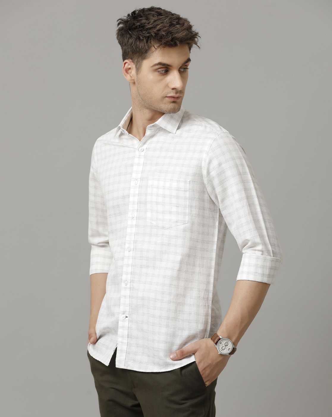 Men's Pure Linen Grey Checked Contemporary Fit Full Sleeve Sleeve Casual Shirt