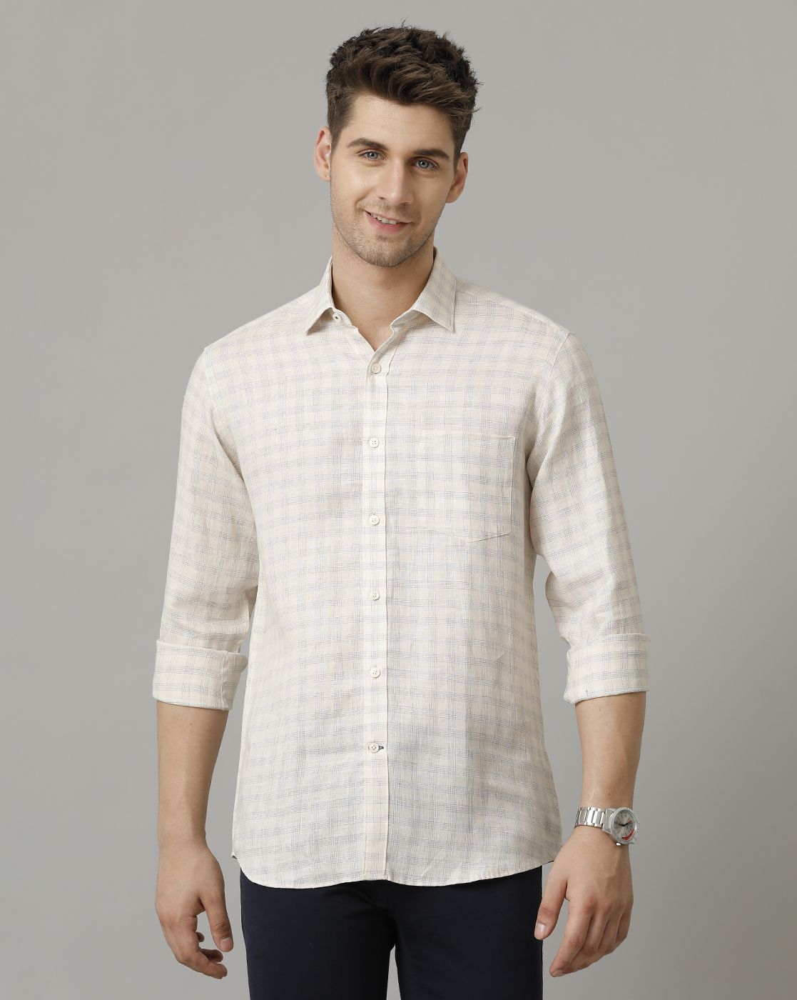 Men's Pure Linen Beige Checked Contemporary Fit Full Sleeve Sleeve Casual Shirt