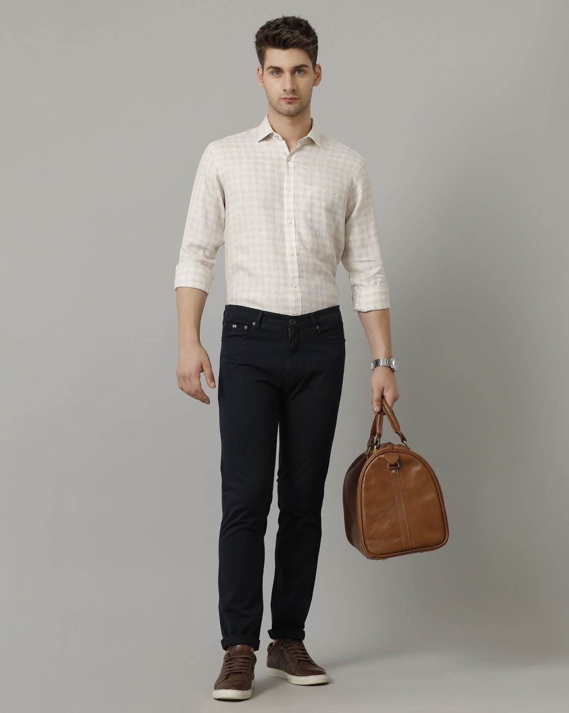 Men's Pure Linen Beige Checked Contemporary Fit Full Sleeve Sleeve Casual Shirt