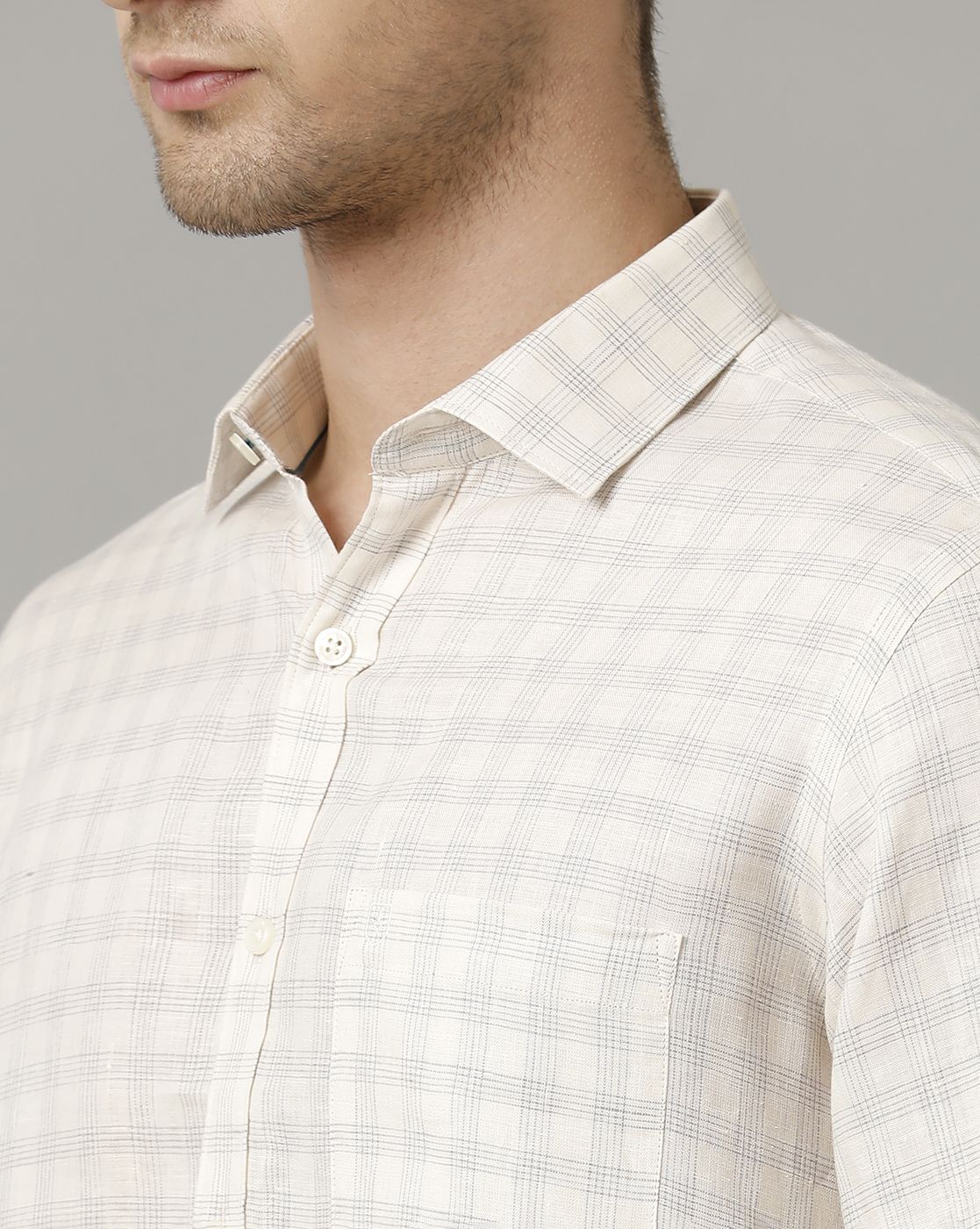 Men's Pure Linen Beige Checked Contemporary Fit Full Sleeve Sleeve Casual Shirt