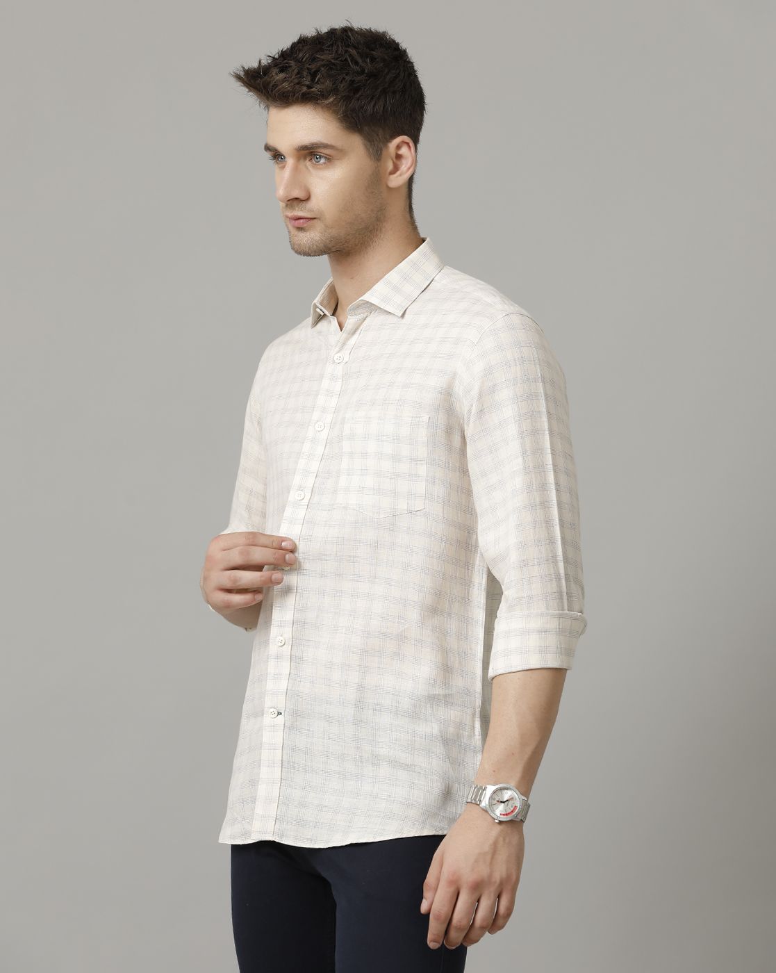 Men's Pure Linen Beige Checked Contemporary Fit Full Sleeve Sleeve Casual Shirt