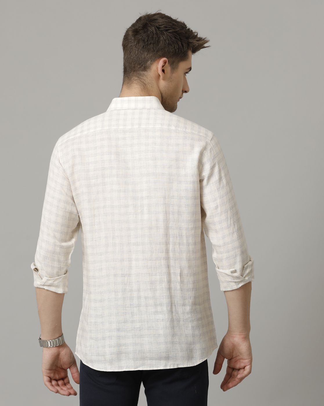 Men's Pure Linen Beige Checked Contemporary Fit Full Sleeve Sleeve Casual Shirt