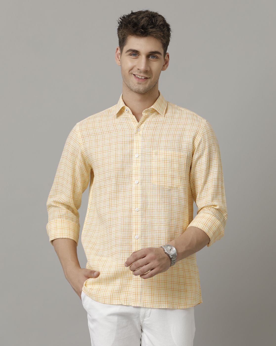 Men's Pure Linen Yellow Checked Contemporary Fit Full Sleeve Sleeve Casual Shirt