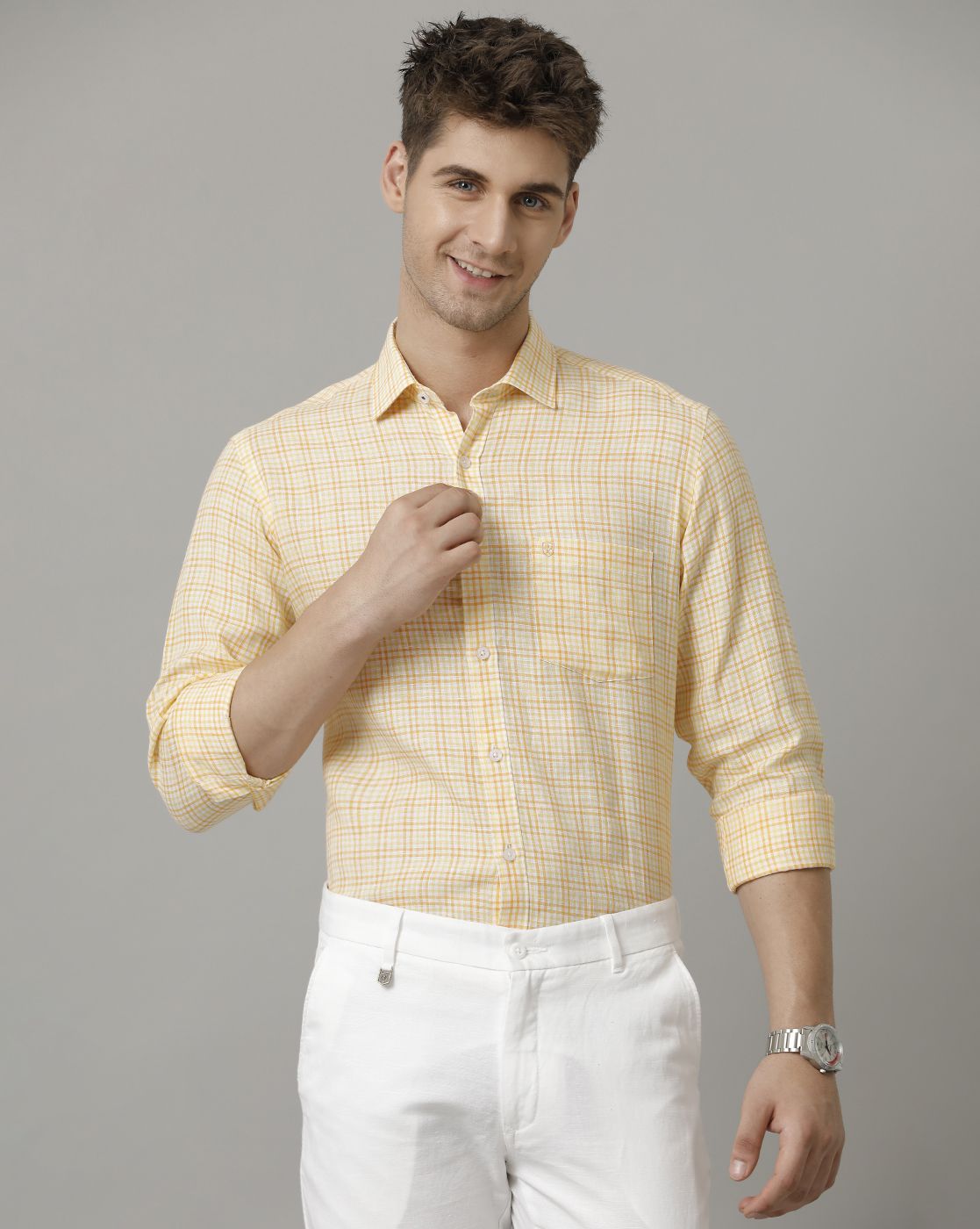 Men's Pure Linen Yellow Checked Contemporary Fit Full Sleeve Sleeve Casual Shirt