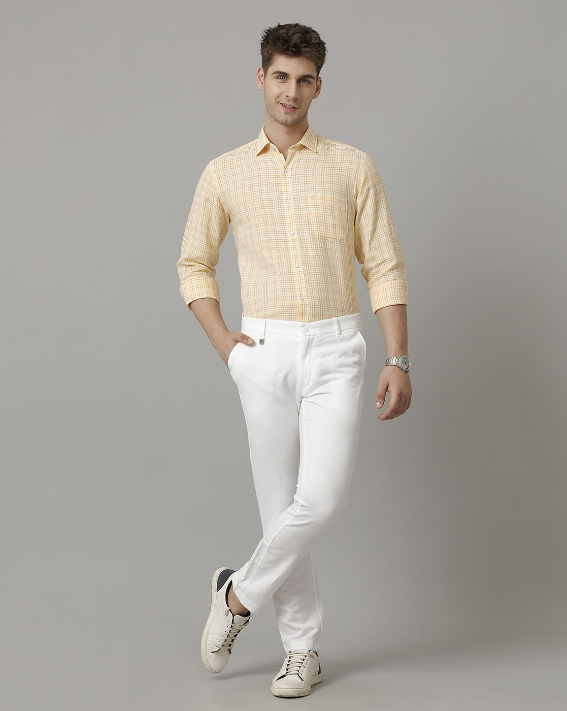 Men's Pure Linen Yellow Checked Contemporary Fit Full Sleeve Sleeve Casual Shirt