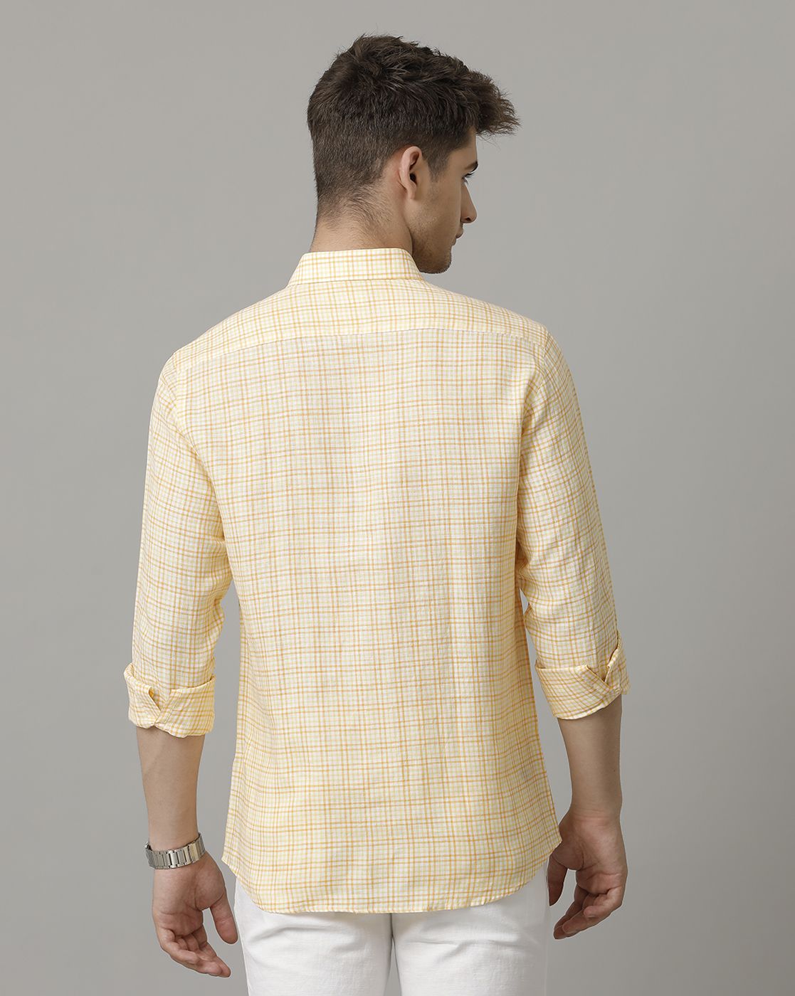 Men's Pure Linen Yellow Checked Contemporary Fit Full Sleeve Sleeve Casual Shirt