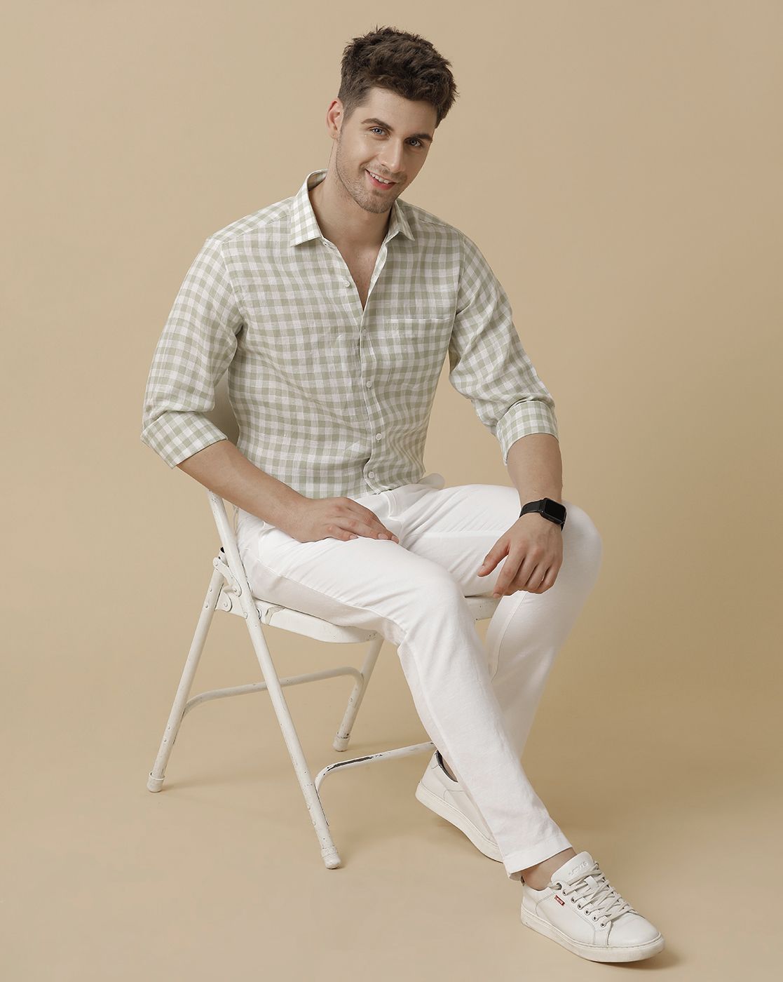 Men's Pure Linen Green Checked Contemporary Fit Full Sleeve Sleeve Casual Shirt