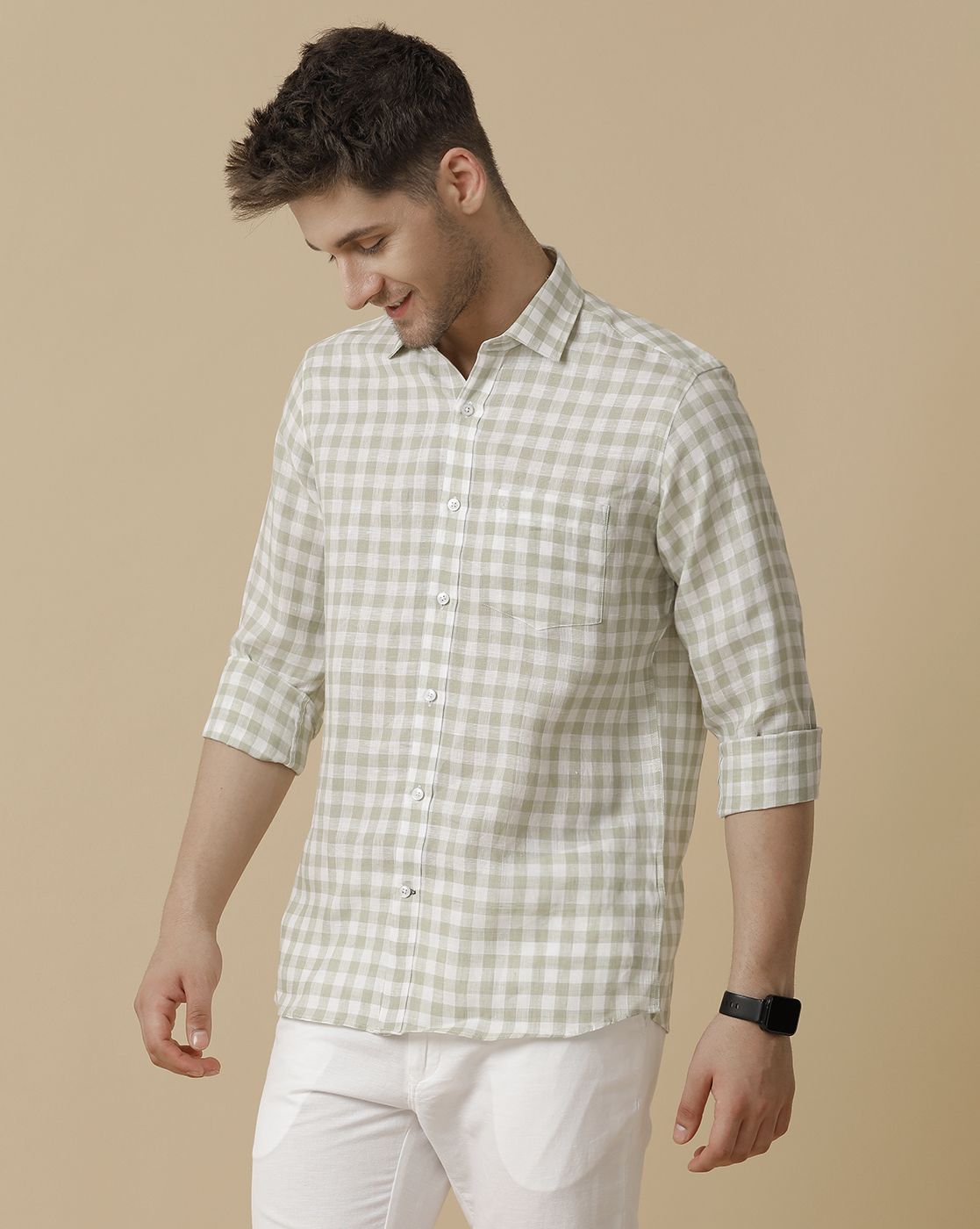 Men's Pure Linen Green Checked Contemporary Fit Full Sleeve Sleeve Casual Shirt