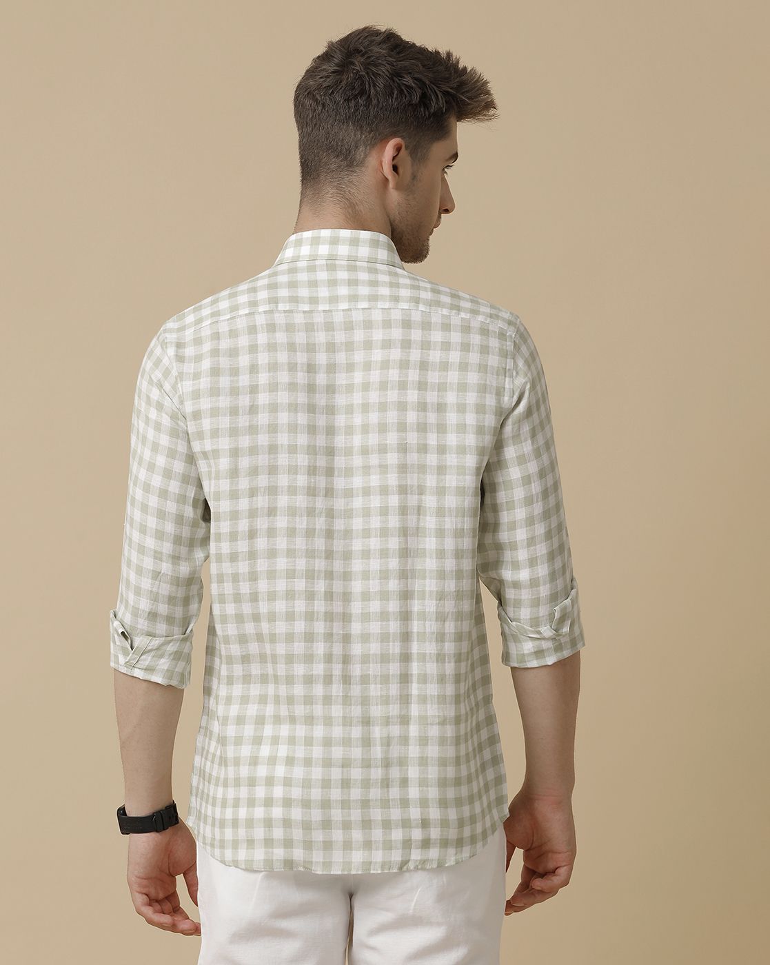 Men's Pure Linen Green Checked Contemporary Fit Full Sleeve Sleeve Casual Shirt