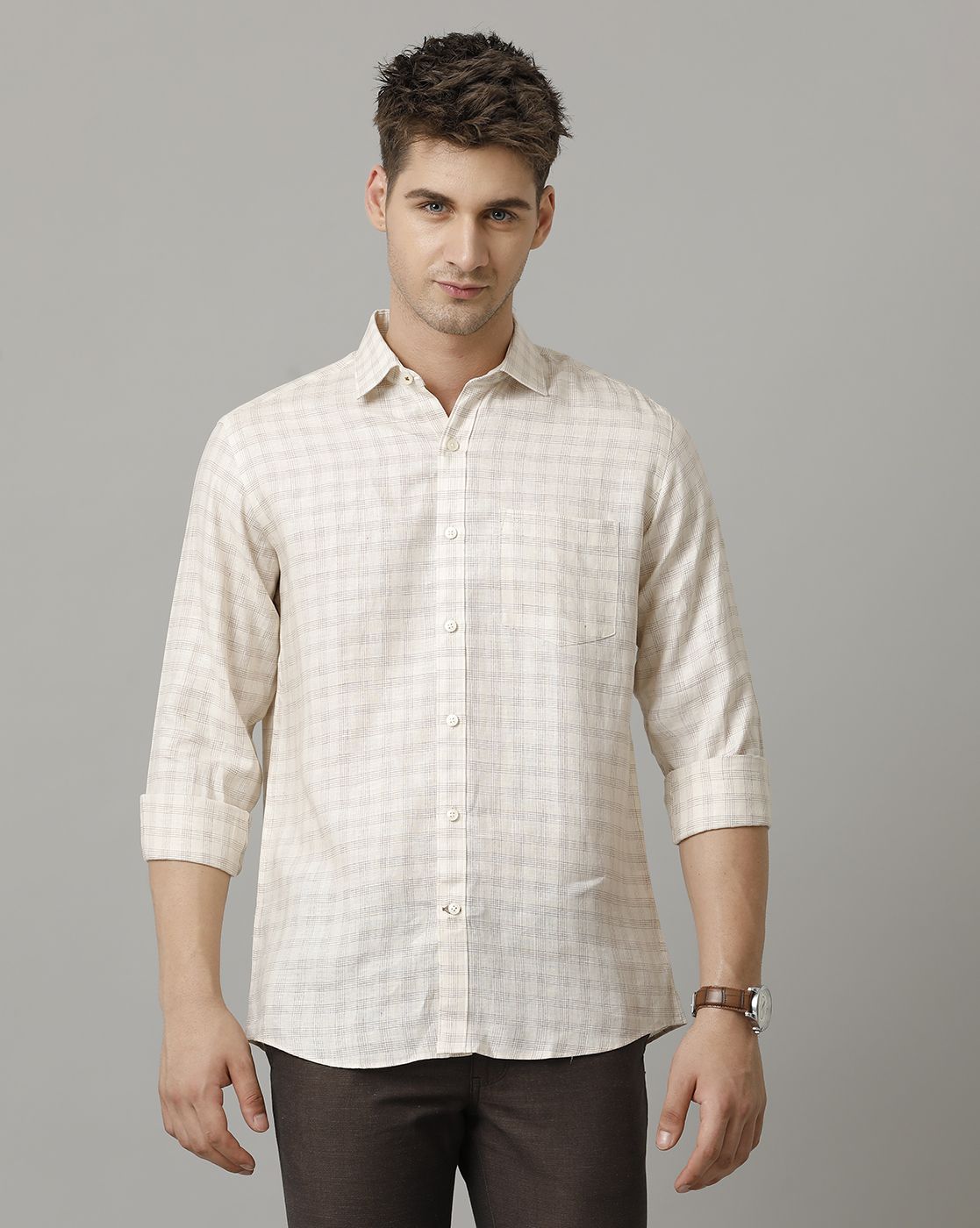Men's Pure Linen Beige Checked Contemporary Fit Full Sleeve Sleeve Casual Shirt