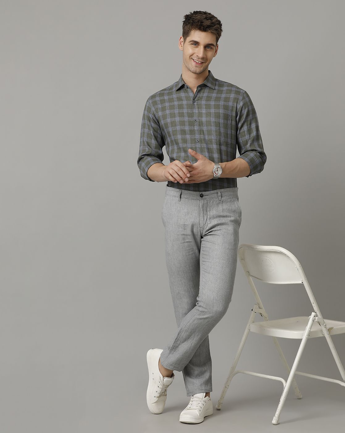 Men's Pure Linen Green Checked Contemporary Fit Full Sleeve Sleeve Casual Shirt