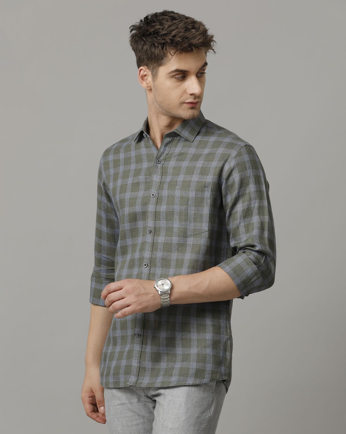 Men's Pure Linen Green Checked Contemporary Fit Full Sleeve Sleeve Casual Shirt