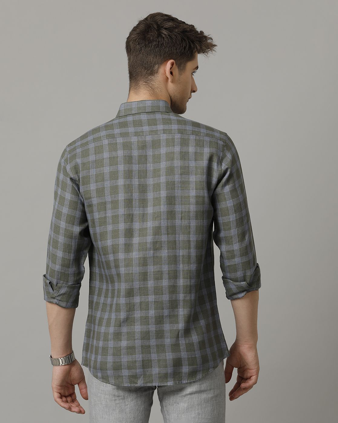 Men's Pure Linen Green Checked Contemporary Fit Full Sleeve Sleeve Casual Shirt