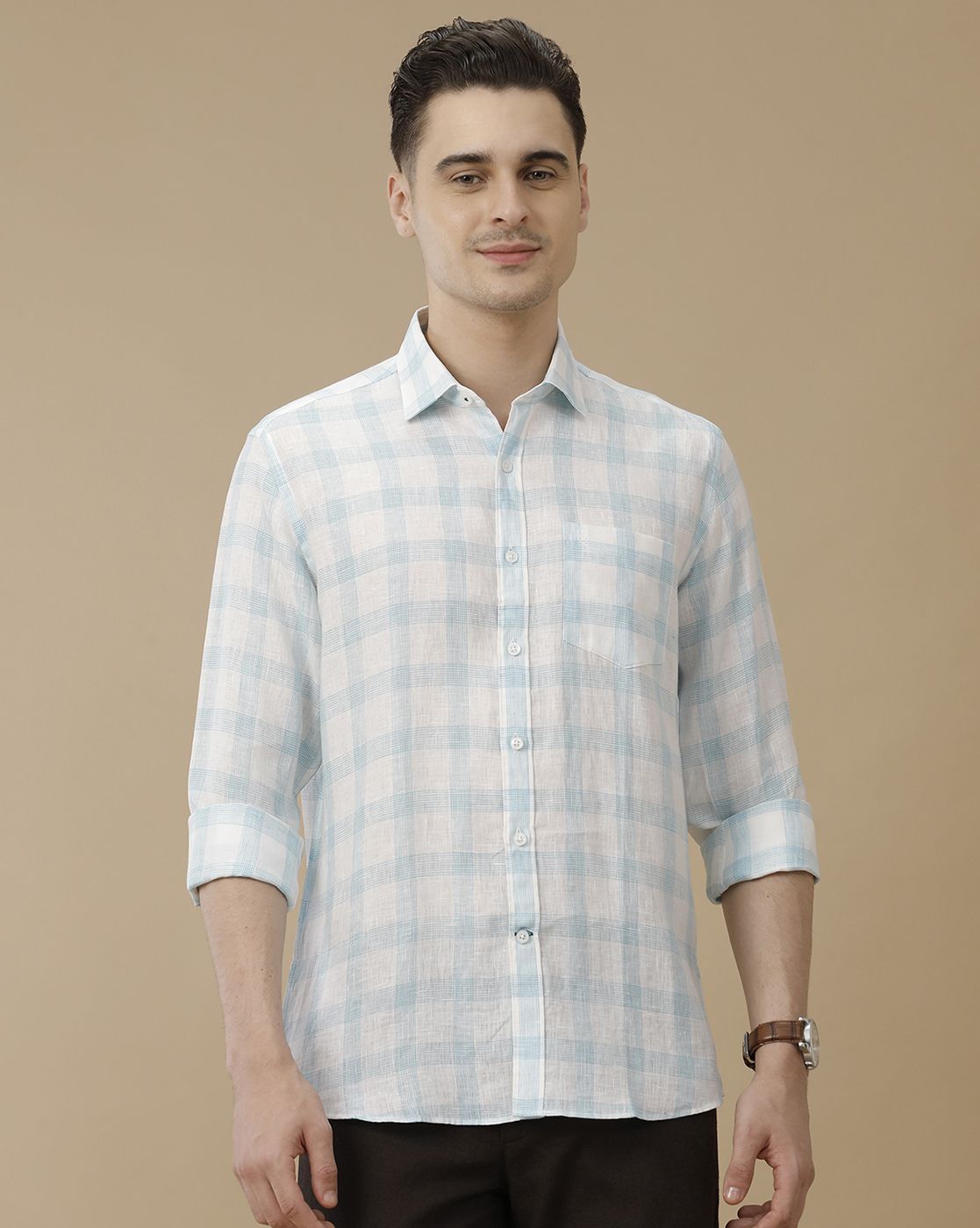 Men's Pure Linen Blue Checked Contemporary Fit Full Sleeve Casual Shirt