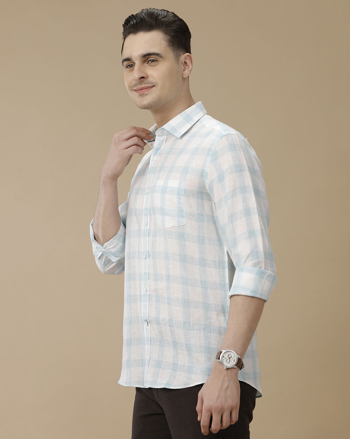 Men's Pure Linen Blue Checked Contemporary Fit Full Sleeve Casual Shirt