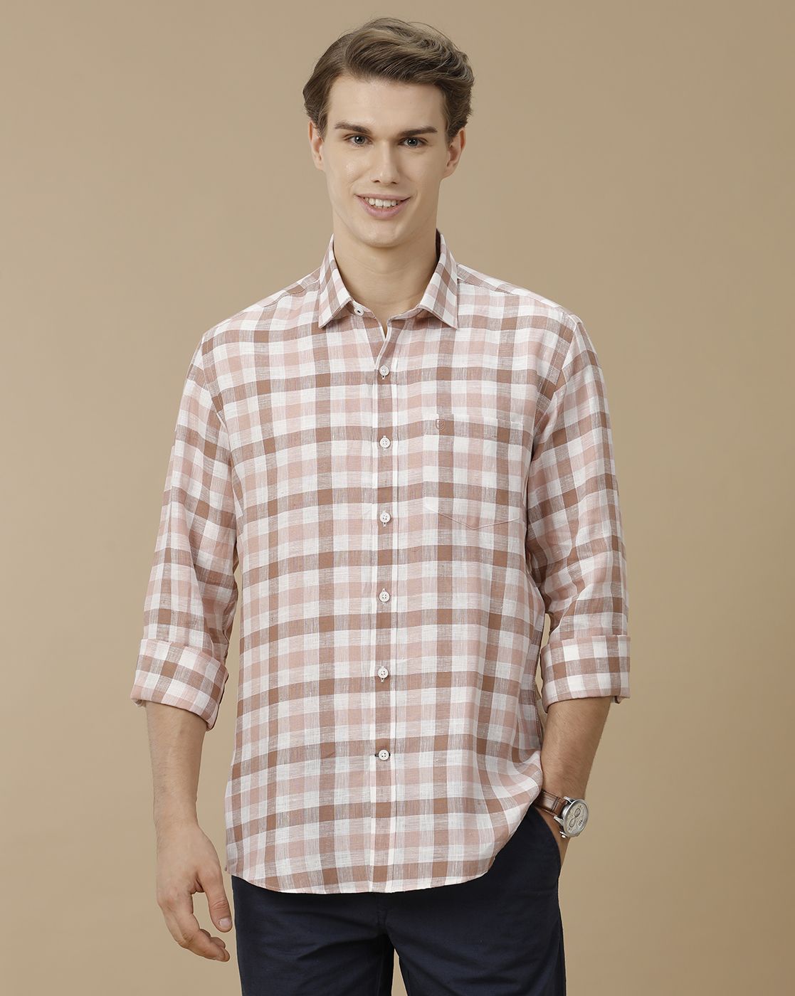 Men's Pure Linen Pink Checked Contemporary Fit Full Sleeve Casual Shirt