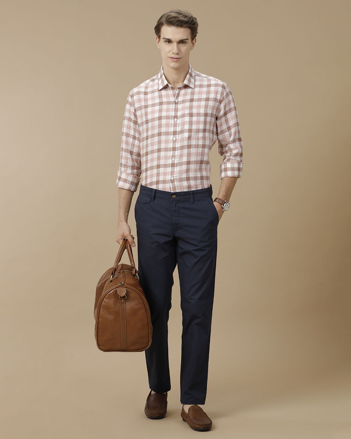 Men's Pure Linen Pink Checked Contemporary Fit Full Sleeve Casual Shirt
