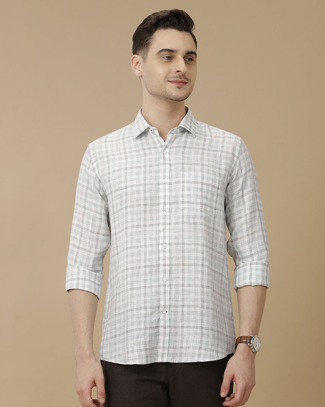 Men's Pure Linen Grey Checked Contemporary Fit Full Sleeve Casual Shirt