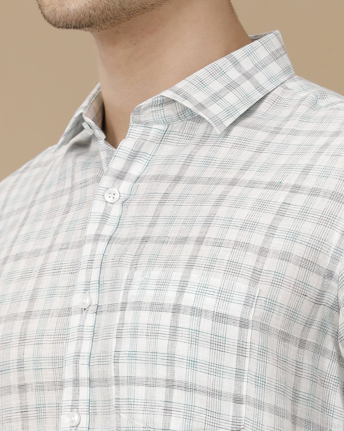 Men's Pure Linen Grey Checked Contemporary Fit Full Sleeve Casual Shirt