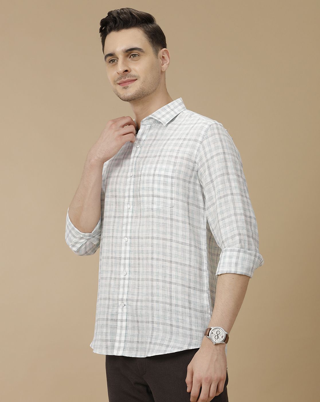 Men's Pure Linen Grey Checked Contemporary Fit Full Sleeve Casual Shirt