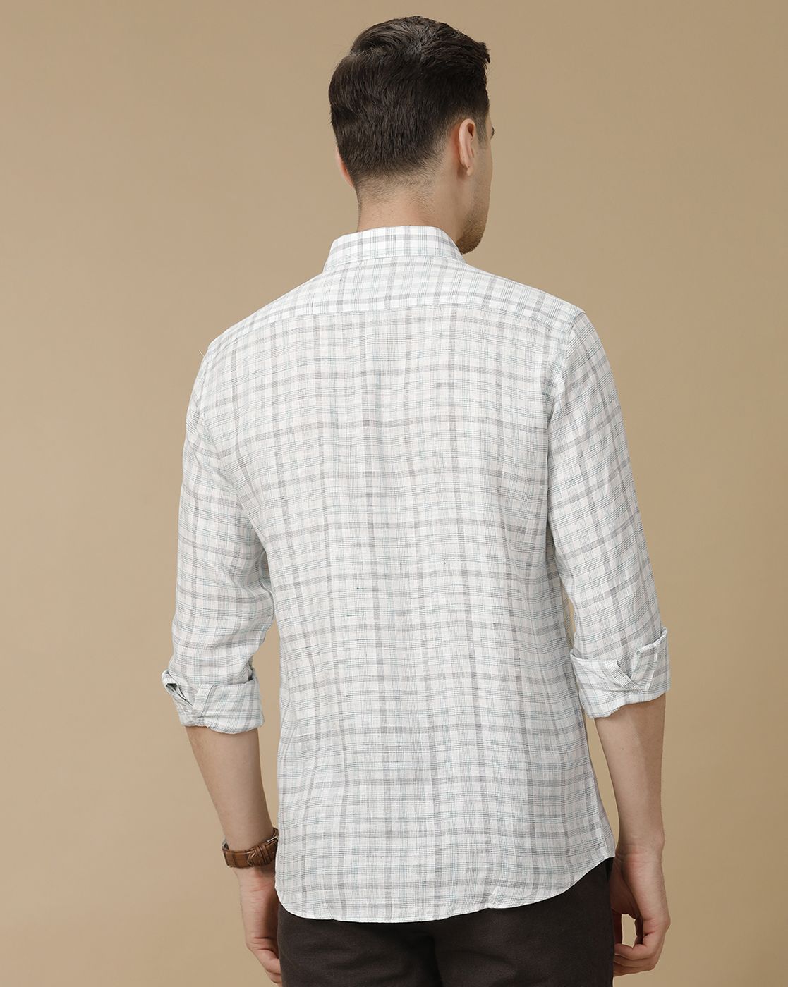 Men's Pure Linen Grey Checked Contemporary Fit Full Sleeve Casual Shirt