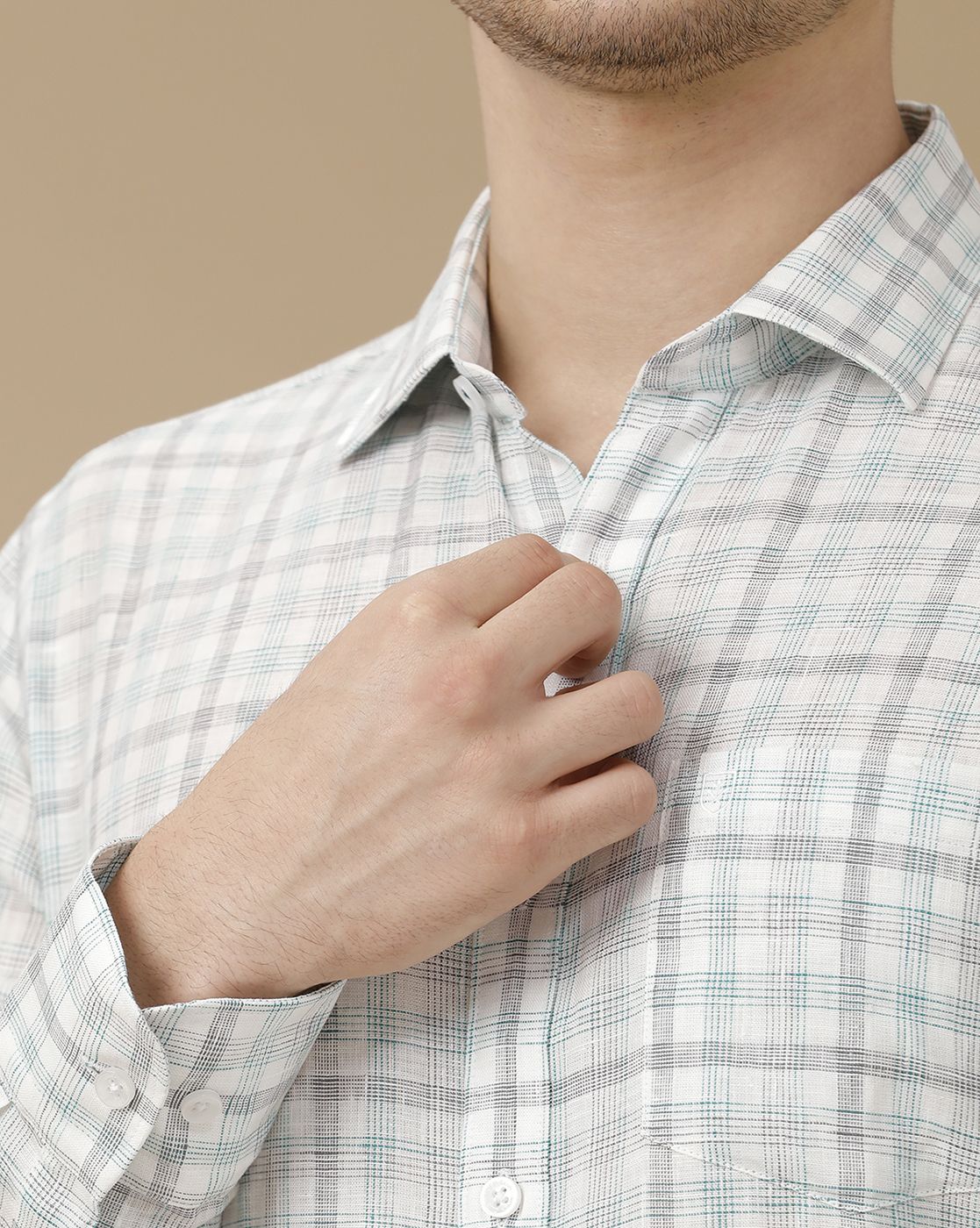 Men's Pure Linen Grey Checked Contemporary Fit Full Sleeve Casual Shirt