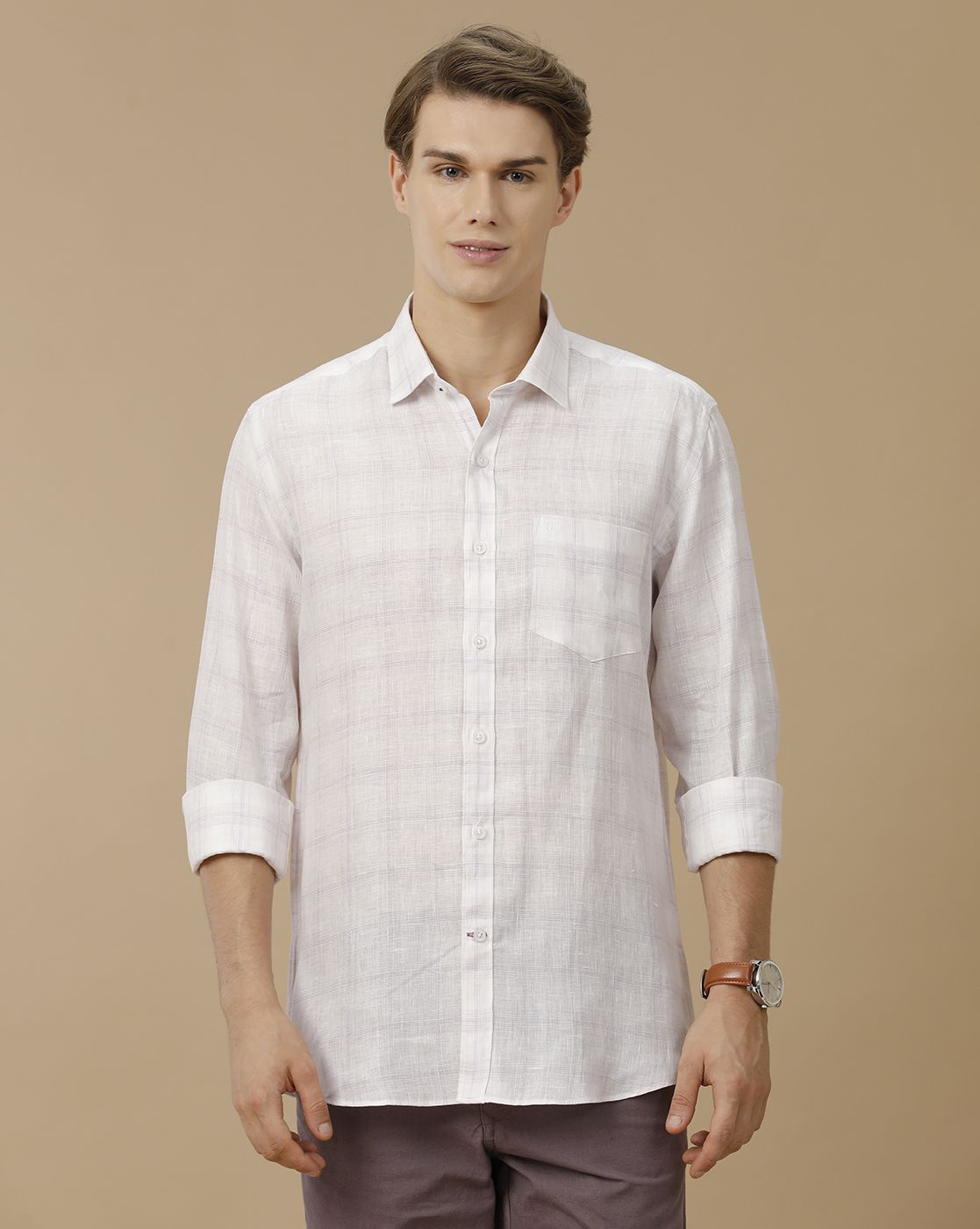 Men's Pure Linen White Checked Contemporary Fit Full Sleeve Casual Shirt