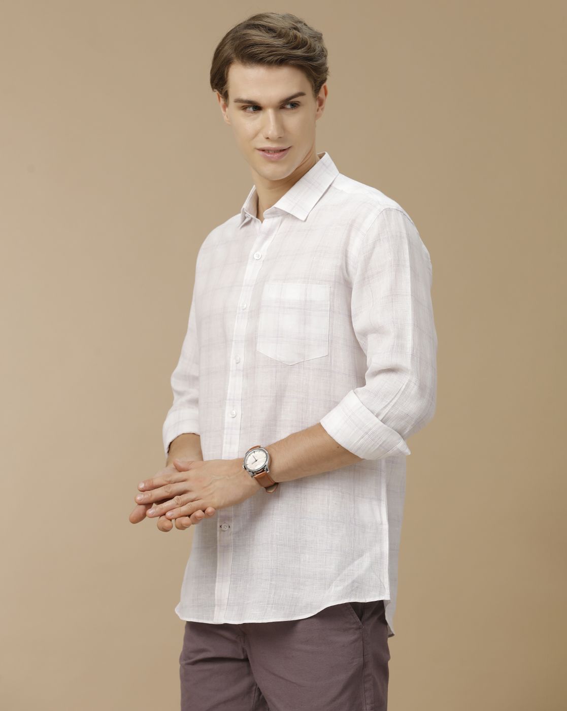 Men's Pure Linen White Checked Contemporary Fit Full Sleeve Casual Shirt