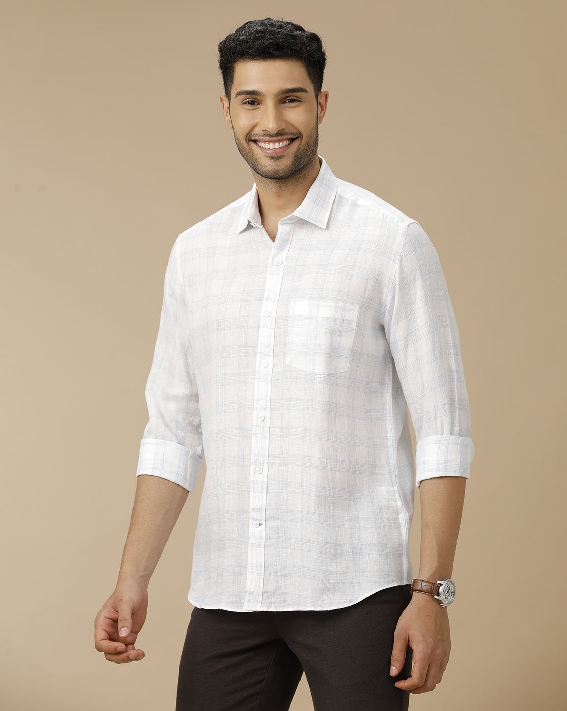 Men's Pure Linen White Checked Contemporary Fit Full Sleeve Casual Shirt Men's Pure Linen White Checked Contemporary Fit Full Sleeve Casual Shirt