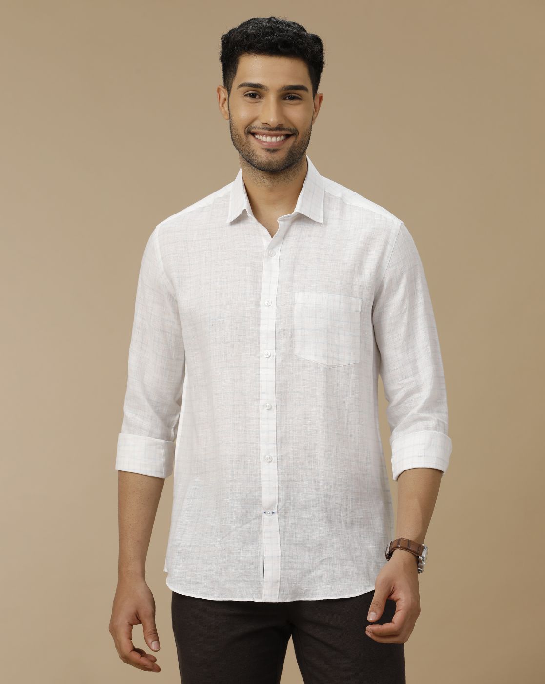 Men's Pure Linen White Checked Contemporary Fit Full Sleeve Casual Shirt