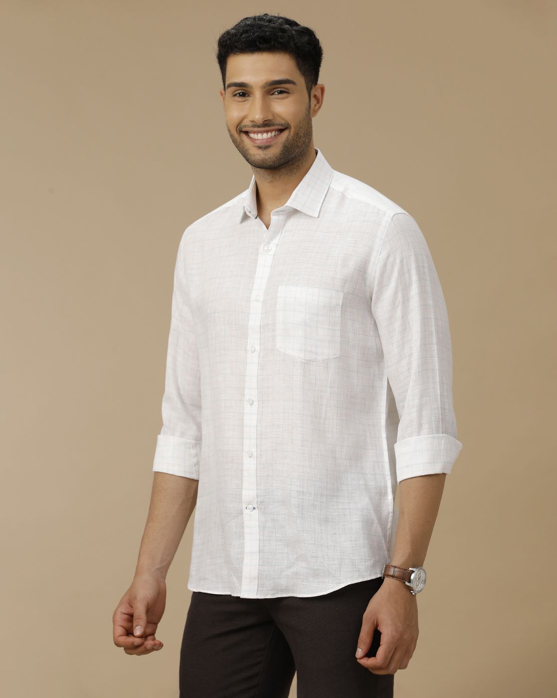 Men's Pure Linen White Checked Contemporary Fit Full Sleeve Casual Shirt