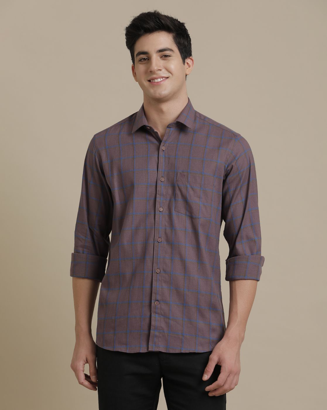 Men's Linen Rich Purple Checked Contemporary Fit Full Sleeve Sleeve Casual Shirt