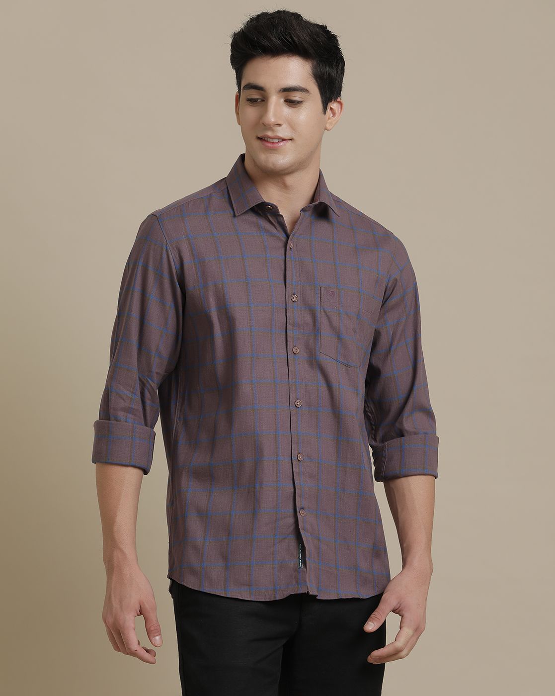 Men's Linen Rich Purple Checked Contemporary Fit Full Sleeve Sleeve Casual Shirt