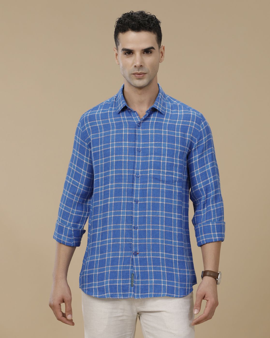 Linen Club Men's Pure Linen Blue Checked Contemporary Fit Full Sleeve Casual Shirt