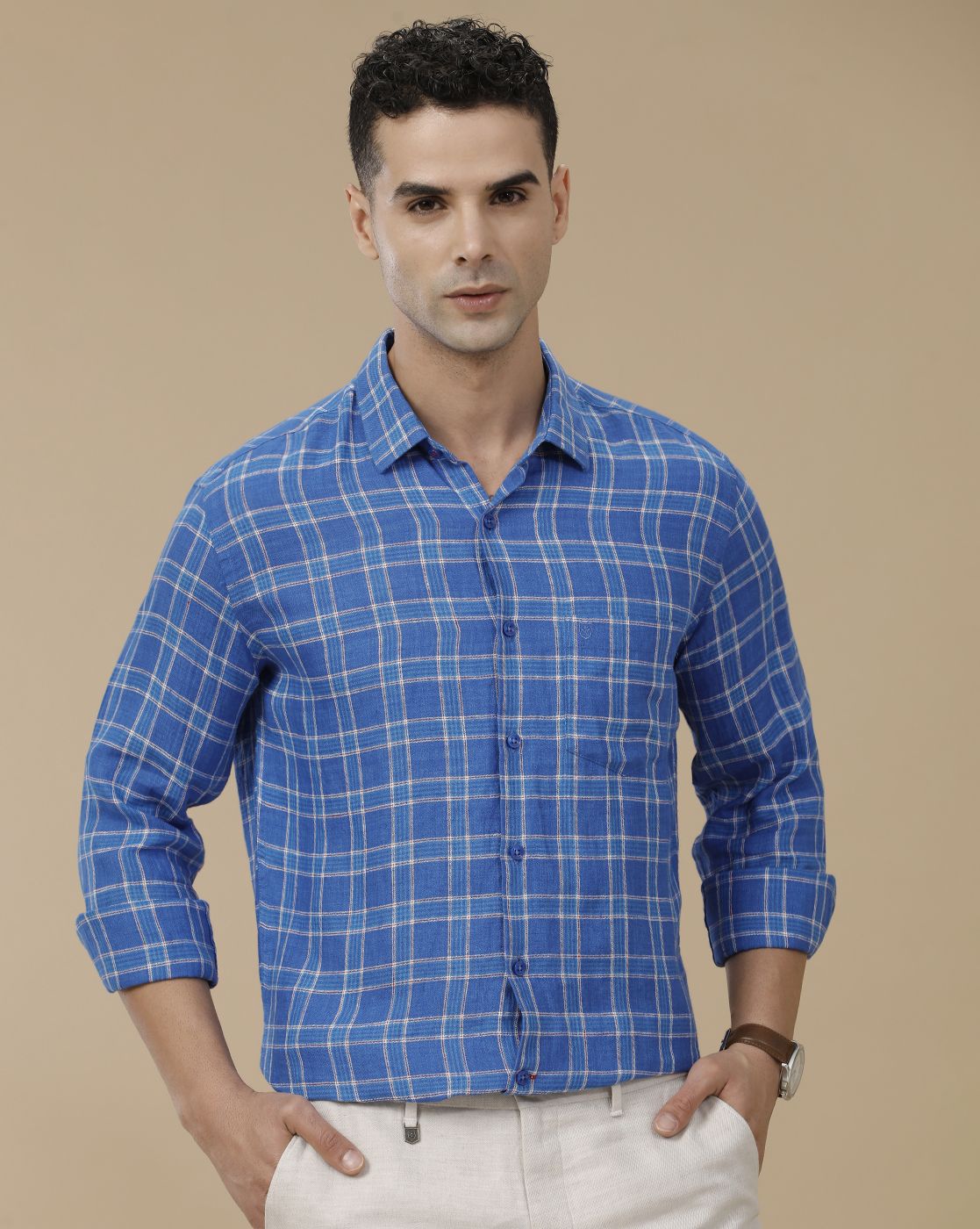 Linen Club Men's Pure Linen Blue Checked Contemporary Fit Full Sleeve Casual Shirt
