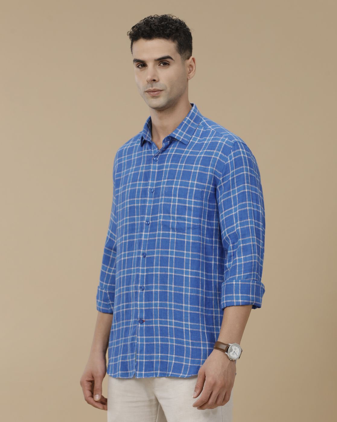 Linen Club Men's Pure Linen Blue Checked Contemporary Fit Full Sleeve Casual Shirt