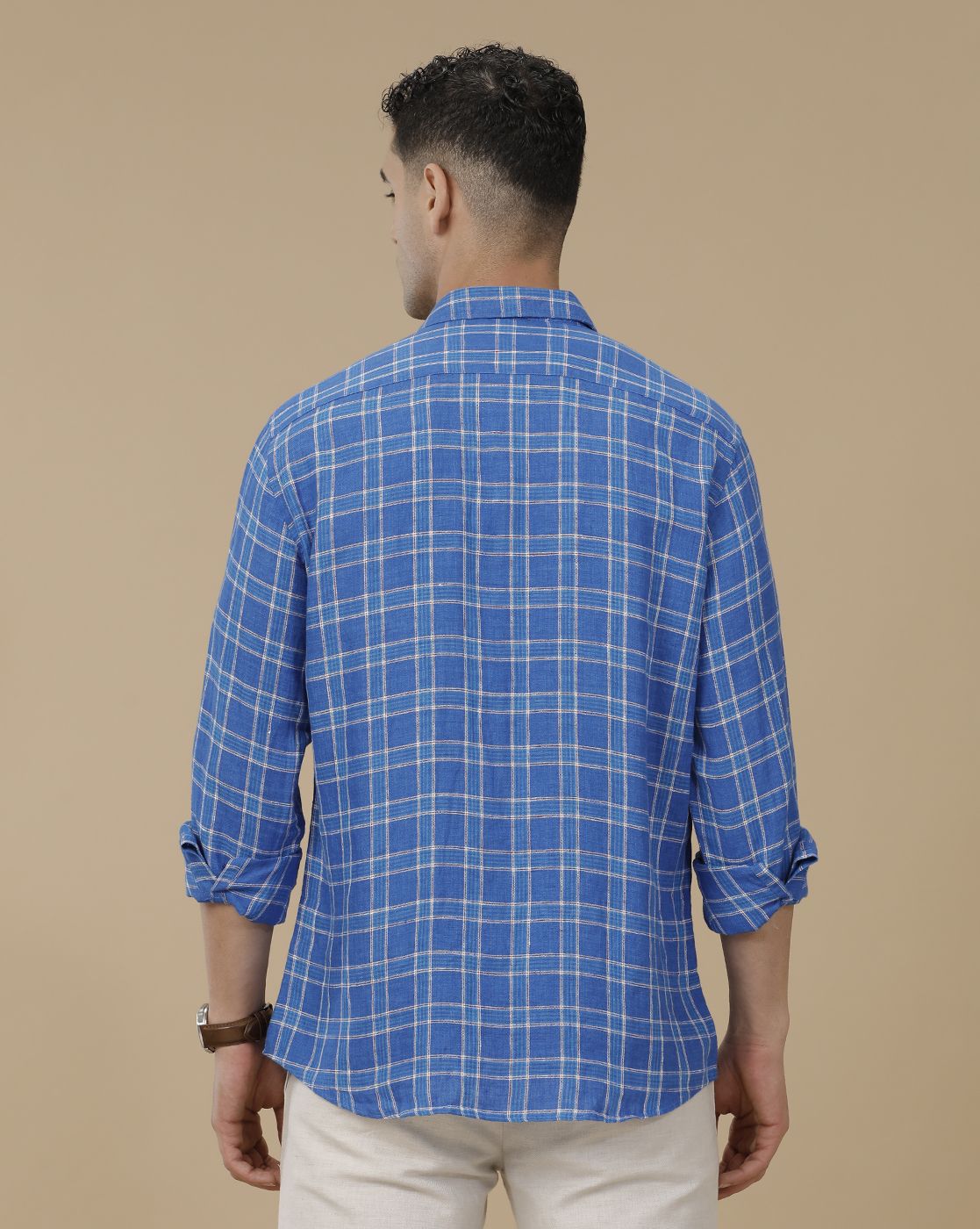 Linen Club Men's Pure Linen Blue Checked Contemporary Fit Full Sleeve Casual Shirt