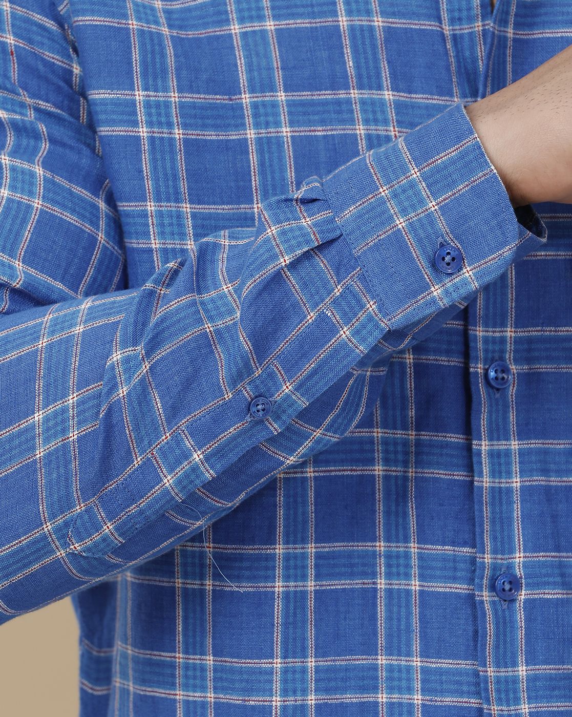 Linen Club Men's Pure Linen Blue Checked Contemporary Fit Full Sleeve Casual Shirt