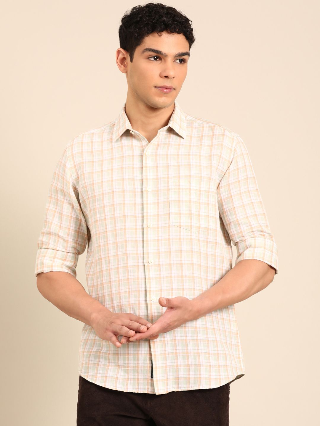 Linen Club Men's Linen Rich White Checkered Contemporary Fit Full Sleeve Casual Shirt