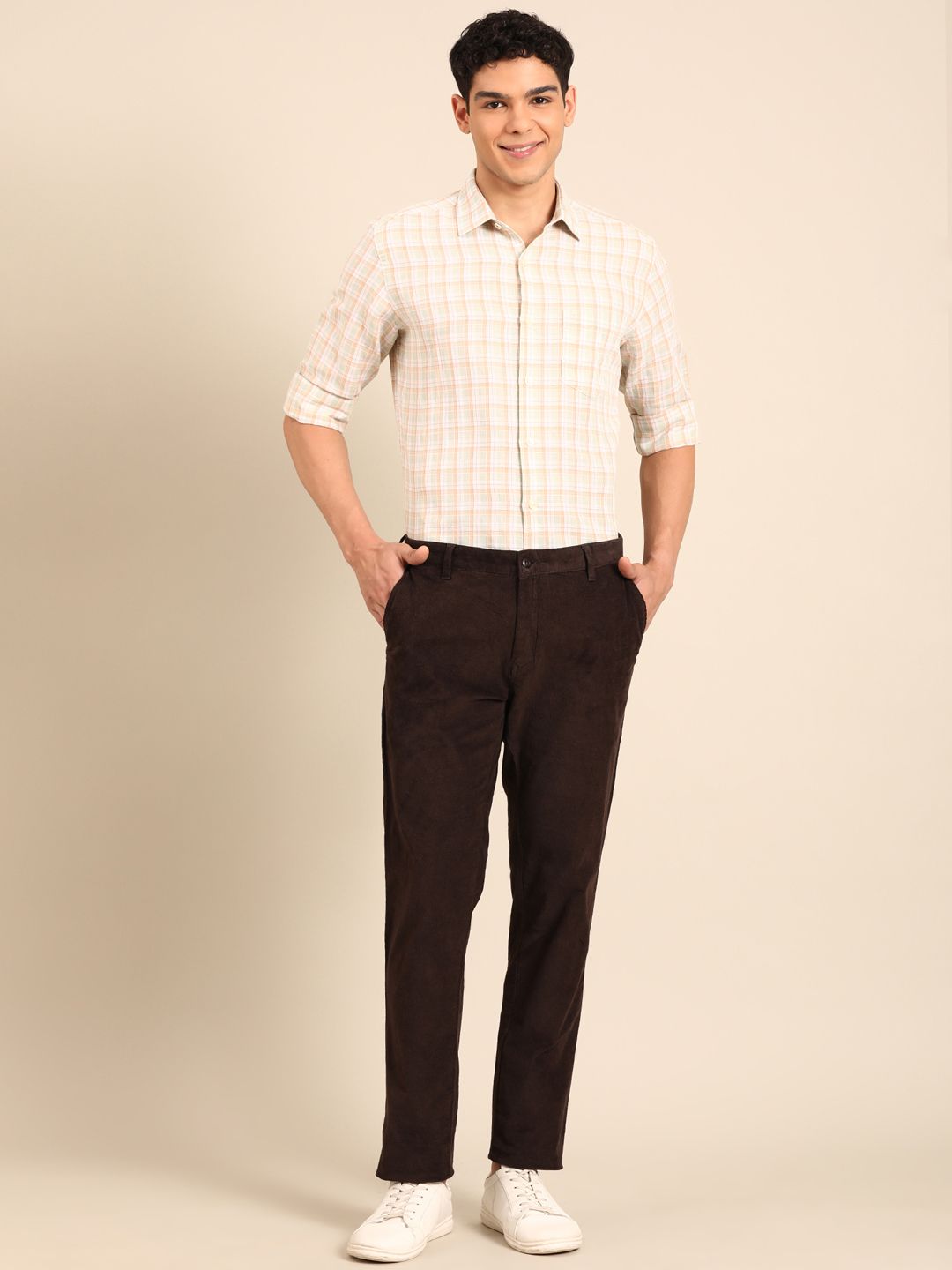 Linen Club Men's Linen Rich White Checkered Contemporary Fit Full Sleeve Casual Shirt