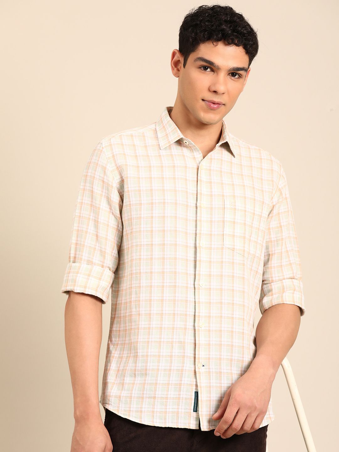 Linen Club Men's Linen Rich White Checkered Contemporary Fit Full Sleeve Casual Shirt