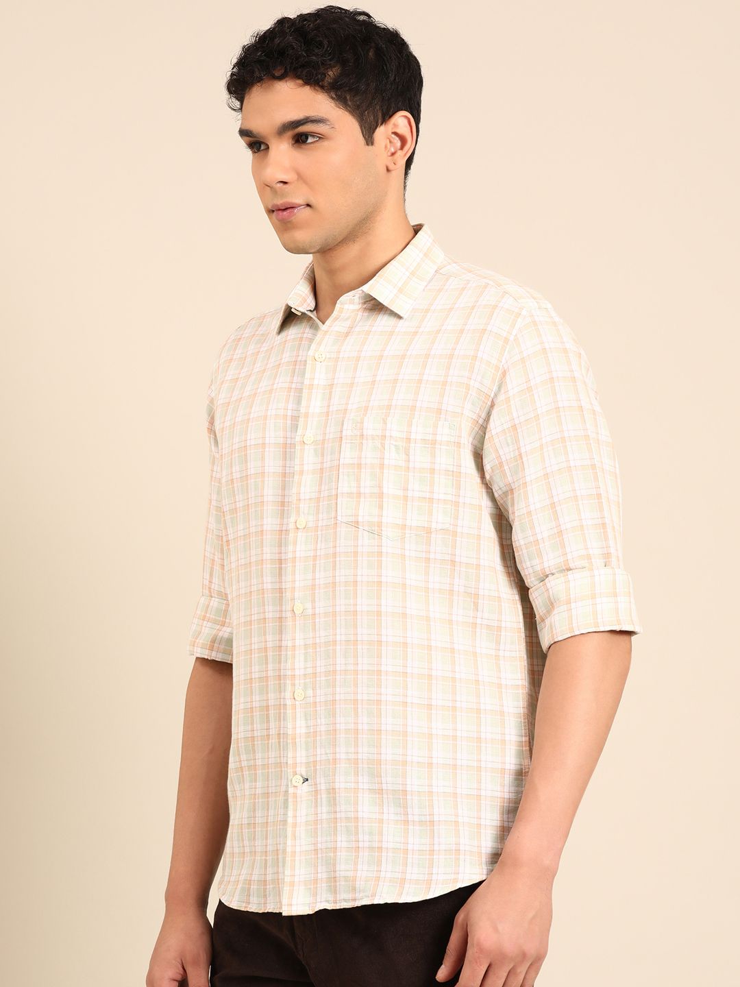 Linen Club Men's Linen Rich White Checkered Contemporary Fit Full Sleeve Casual Shirt