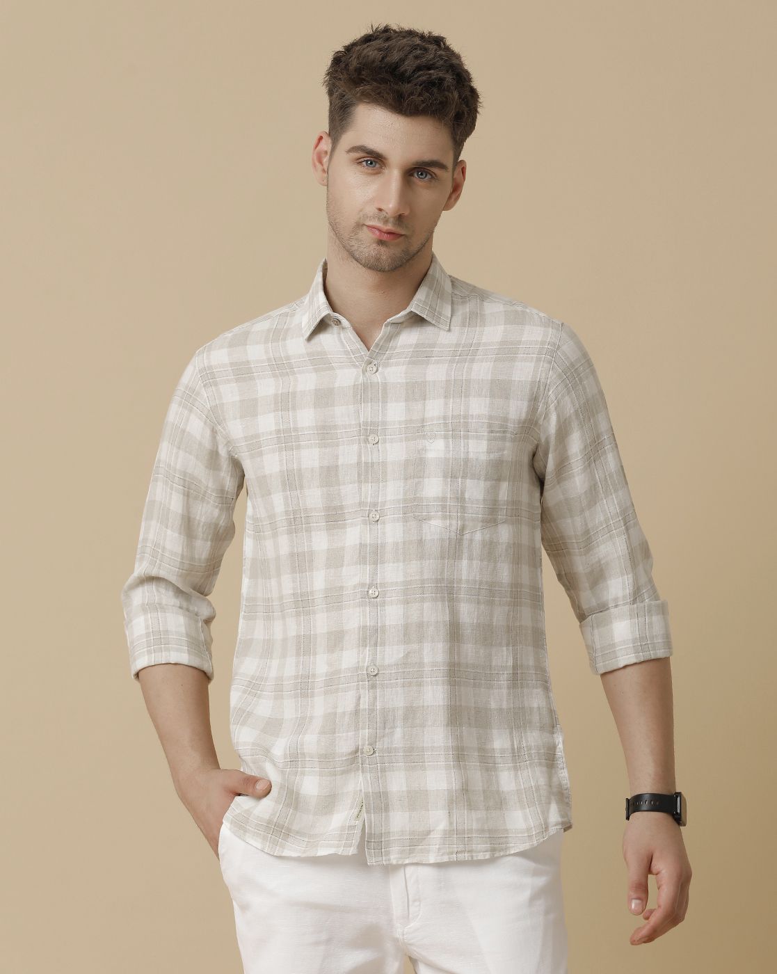 Men's Pure Linen Beige Checked Contemporary Fit Full Sleeve Sleeve Casual Shirt