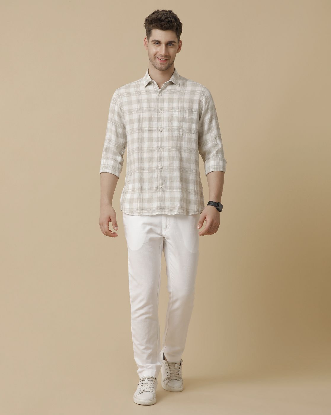 Men's Pure Linen Beige Checked Contemporary Fit Full Sleeve Sleeve Casual Shirt