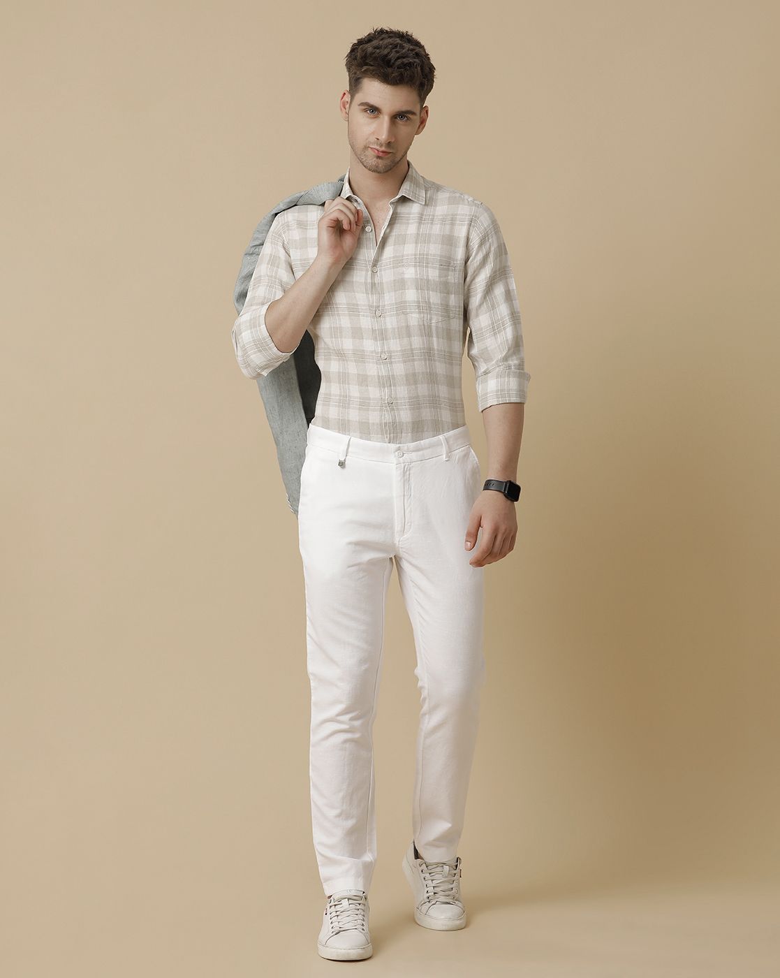 Men's Pure Linen Beige Checked Contemporary Fit Full Sleeve Sleeve Casual Shirt