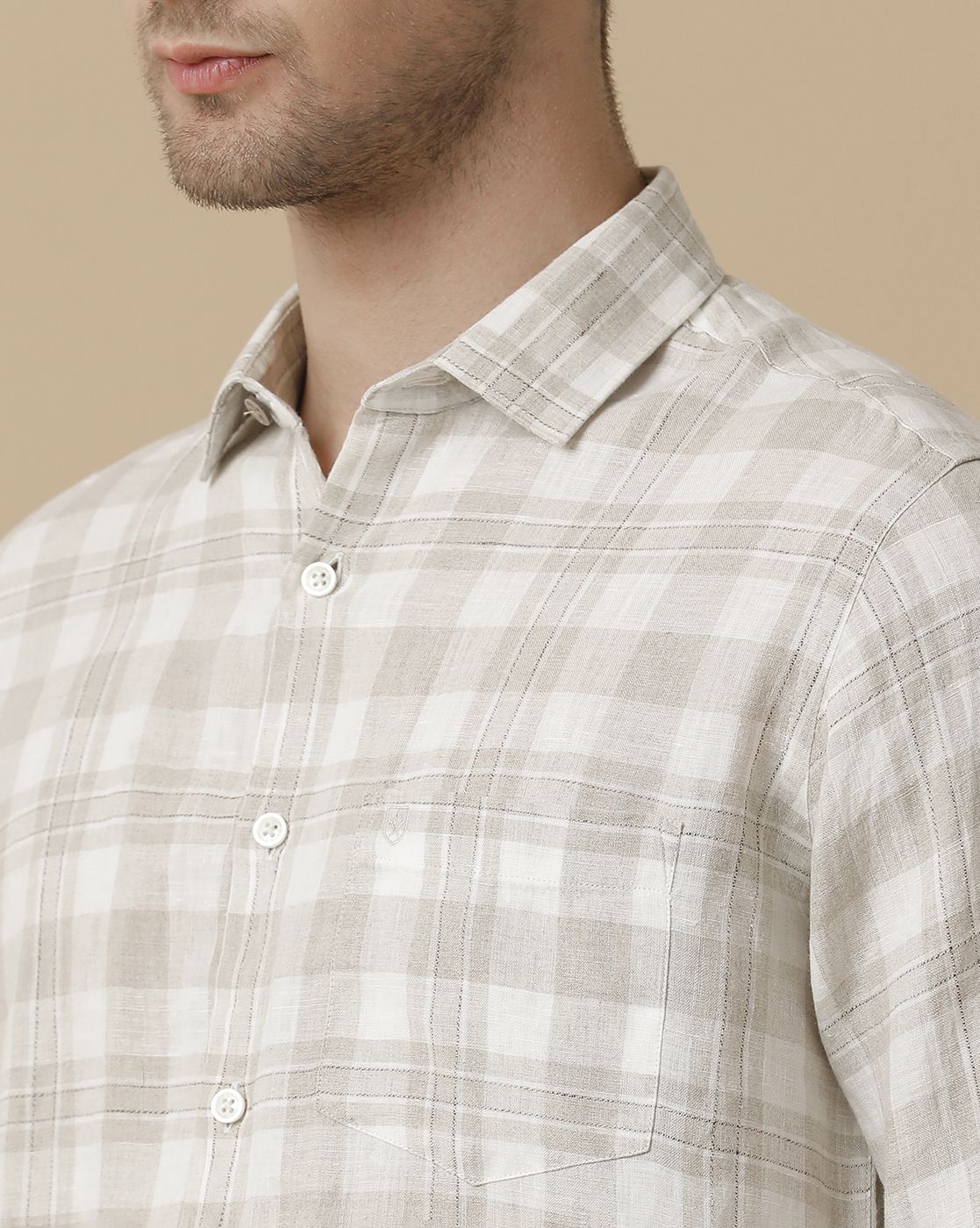 Men's Pure Linen Beige Checked Contemporary Fit Full Sleeve Sleeve Casual Shirt