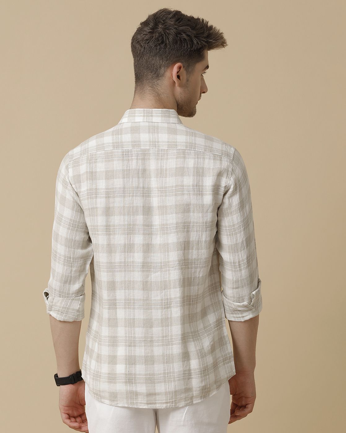 Men's Pure Linen Beige Checked Contemporary Fit Full Sleeve Sleeve Casual Shirt