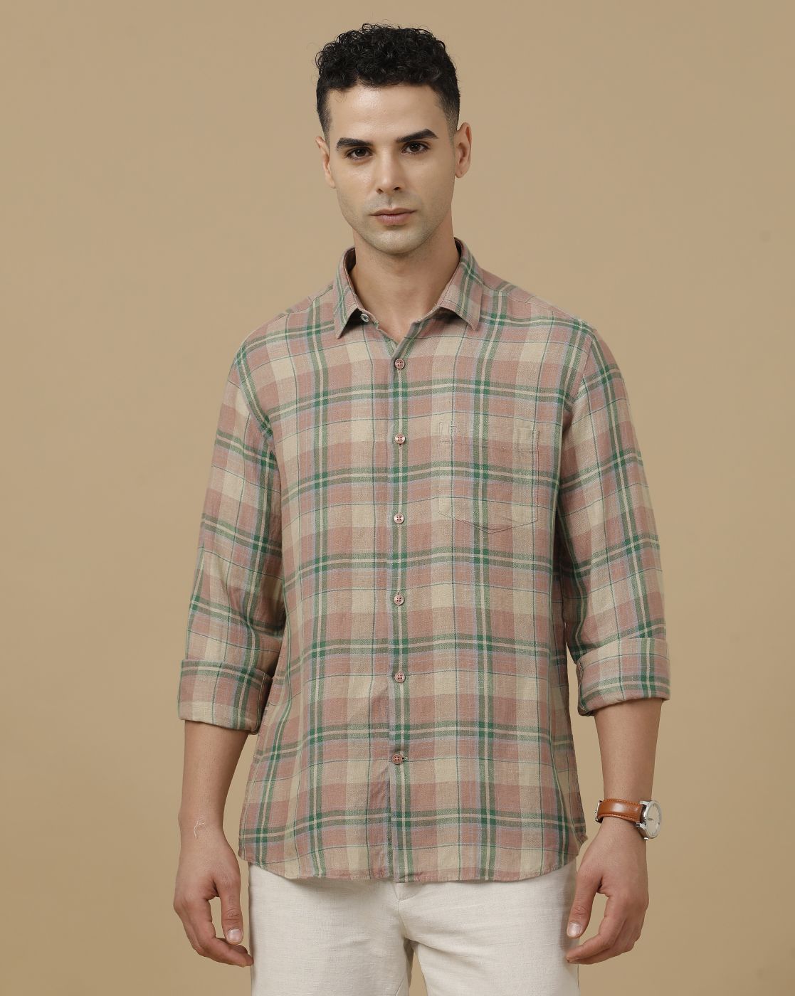 Linen Club Men's Pure Linen Green Checked Contemporary Fit Full Sleeve Casual Shirt